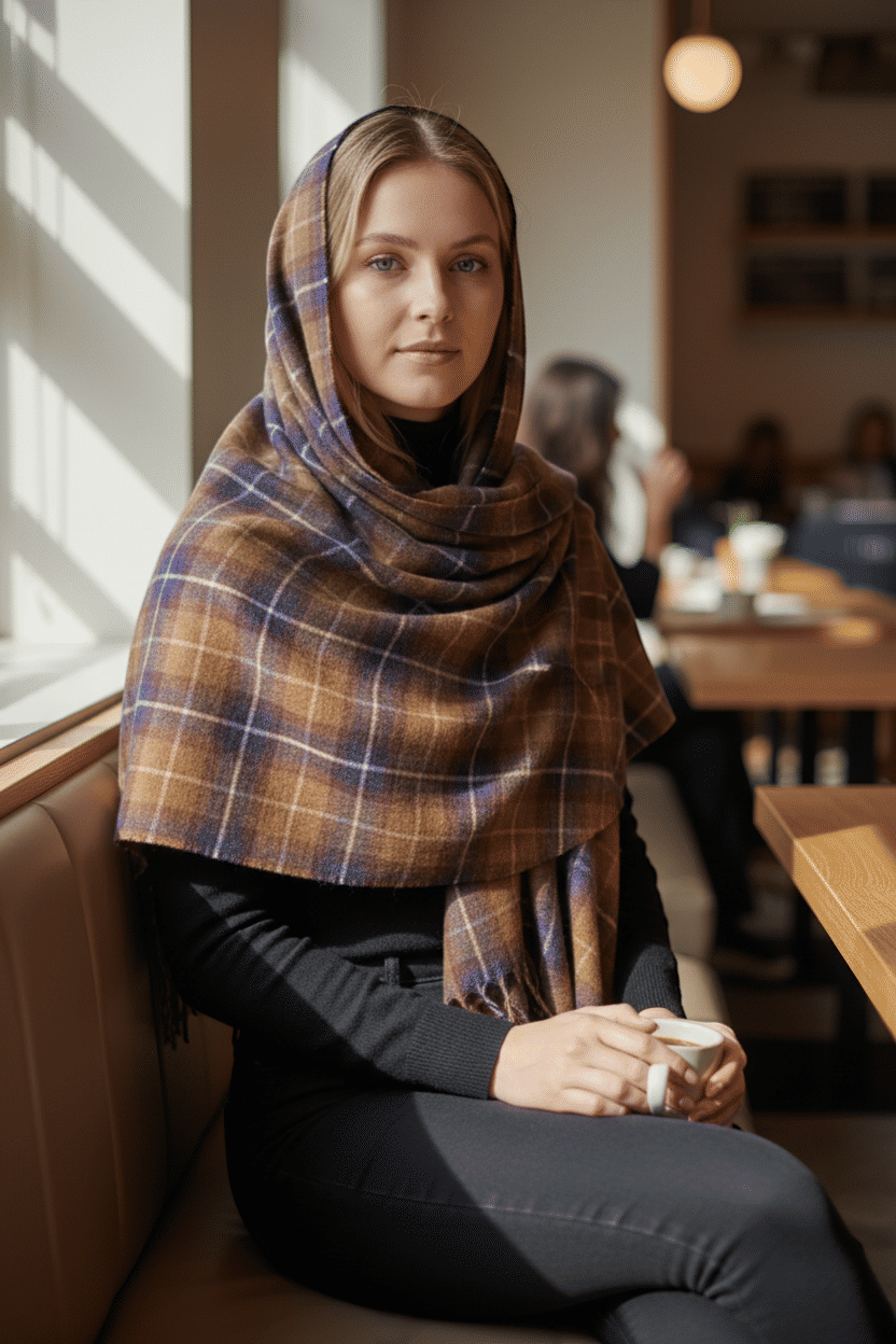Copper/Indigo Tartan Wool Shawl Wrap